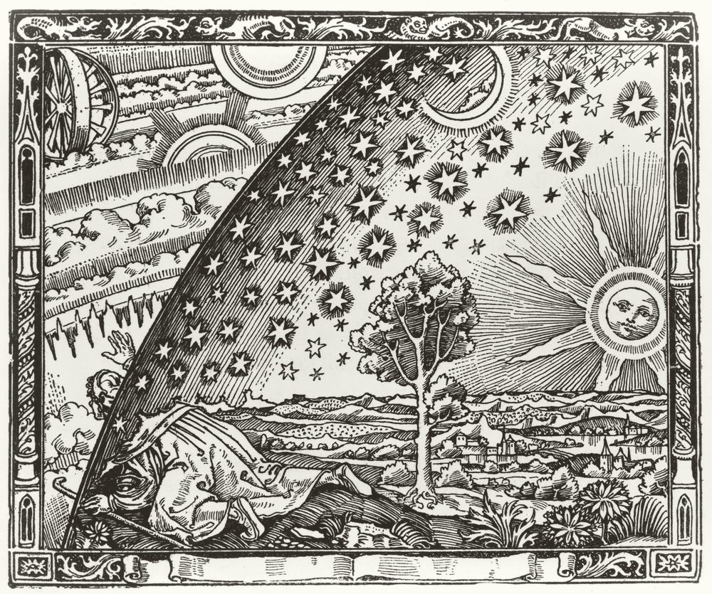 Xilografia: un viandante inginocchiato al bordo del mondo sporge la testa oltre la volta stellata e vede i meccanismi del cielo.