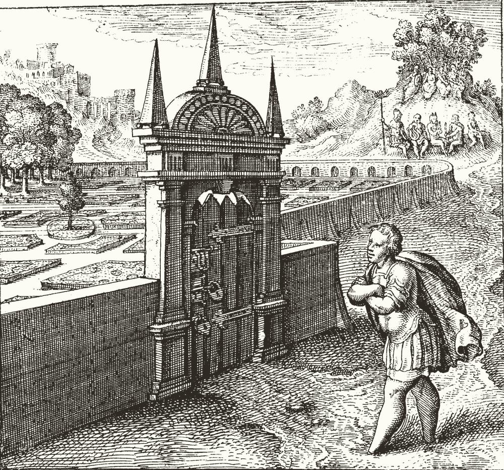 Incisione: un giardino chiuso da un alto muro, la porta serrata, e un uomo in veste lunga che vi cammina davanti tenendo in mano una chiave.