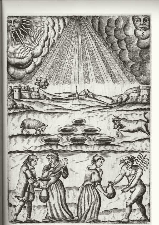 Tavola muta: in alto il sole e la luna con volto umano fra le nuvole, in mezzo un campo con vasi e animali, in basso quattro figure che raccolgono e versano.