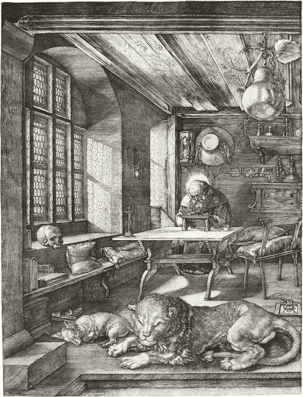 Bulino: uno studio con la luce obliqua che entra dalle finestre, il santo che scrive al banco in fondo, il leone e il cane addormentati in primo piano.
