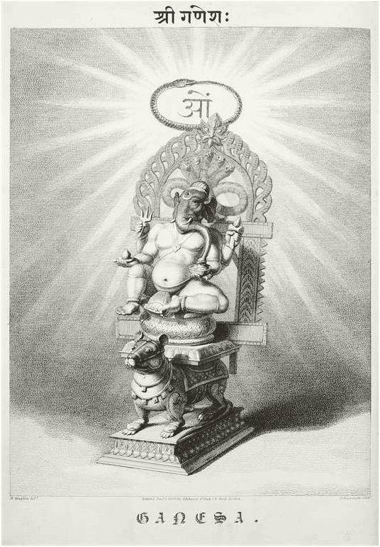 Tavola incisa: la figura di Gaṇeśa seduta in trono sopra un topo, con un raggio di luce alle spalle e la sillaba om in alto.