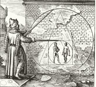Incisione: un filosofo traccia col compasso un cerchio; dentro il cerchio un quadrato, dentro il quadrato un triangolo con due figure umane.