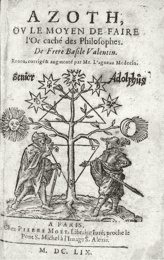 Frontespizio inciso: un albero fra il sole e la luna, due figure ai lati, il titolo Azoth in capitali.