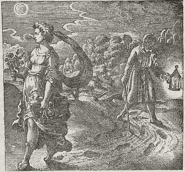Incisione: una figura cammina in avanti reggendo una lanterna, un'altra la segue lungo le orme lasciate sul terreno.