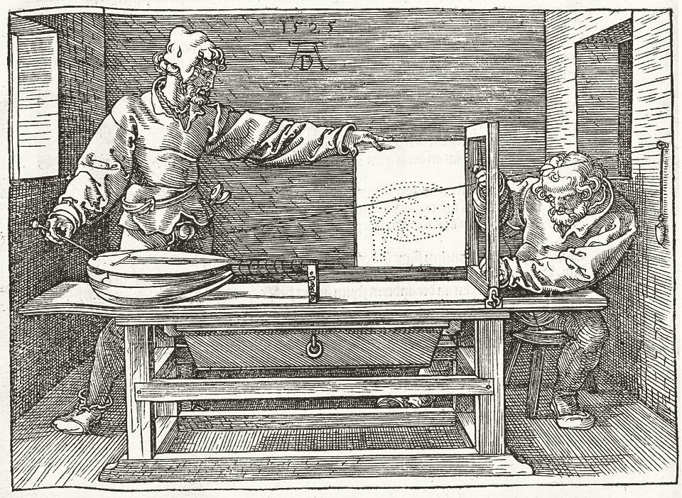 Xilografia: due uomini in una stanza misurano un liuto con un filo teso fra il muro e lo strumento, e ne riportano il disegno su un telaio.