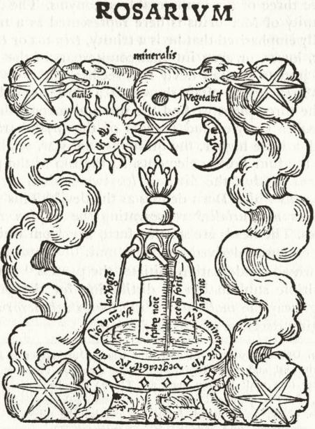Xilografia: una fonte a più getti dentro una cornice di nuvole e stelle, sormontata dal sole, dalla luna e da un serpente a due teste.