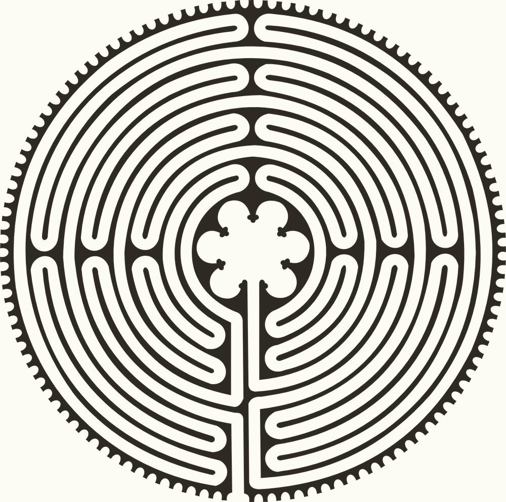 Diagramma: un labirinto circolare a undici circuiti, senza bivi, con al centro una rosa a sei petali.