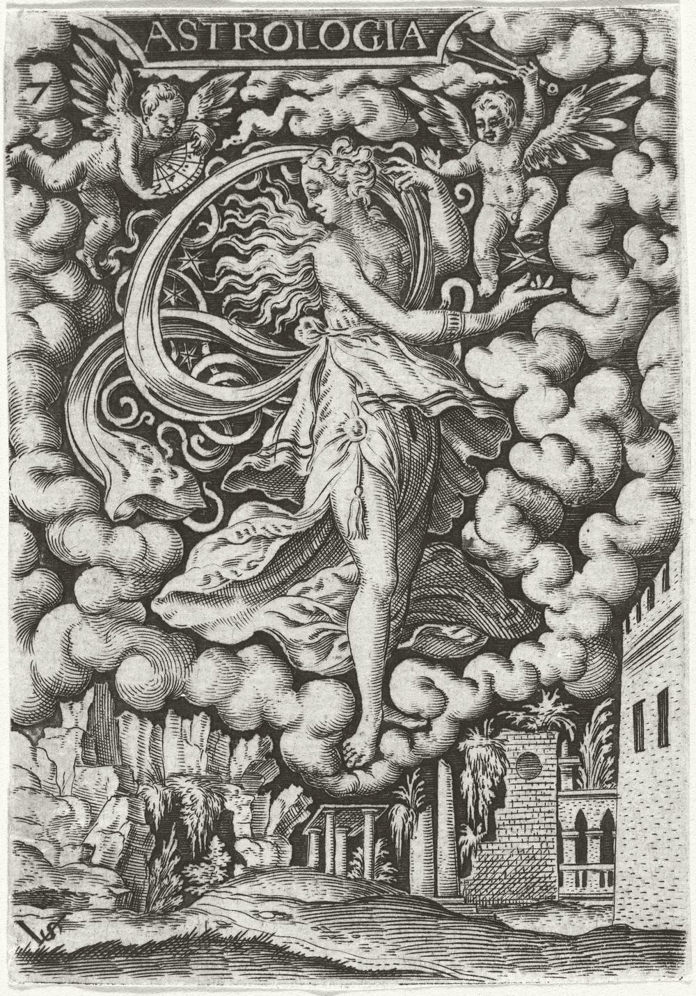 Incisione: una figura femminile sospesa fra le nuvole, i capelli sciolti, una grande falce stellata alle spalle; due putti alati le stanno accanto, uno regge una sfera graduata e l'altro un compasso aperto; in basso rovine e le mura di una città.